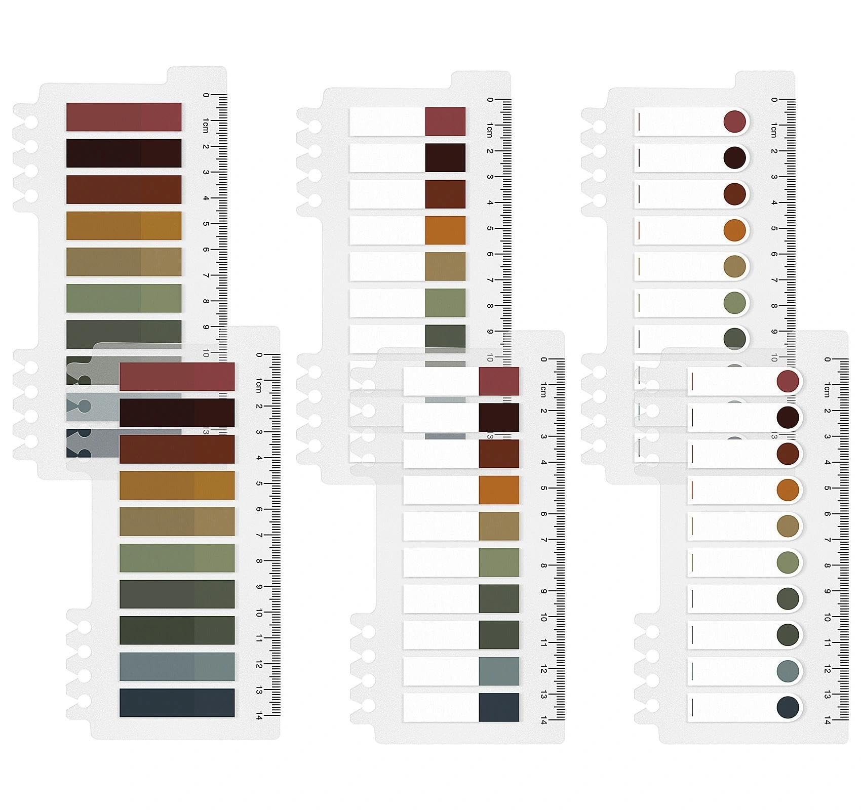 Three sheets of translucent annotation tabs with rulers showing measurements in cm and inches.