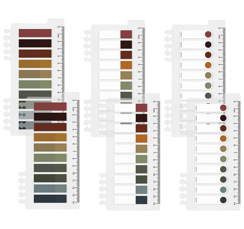 Three sheets of translucent annotation tabs with rulers showing measurements in cm and inches.