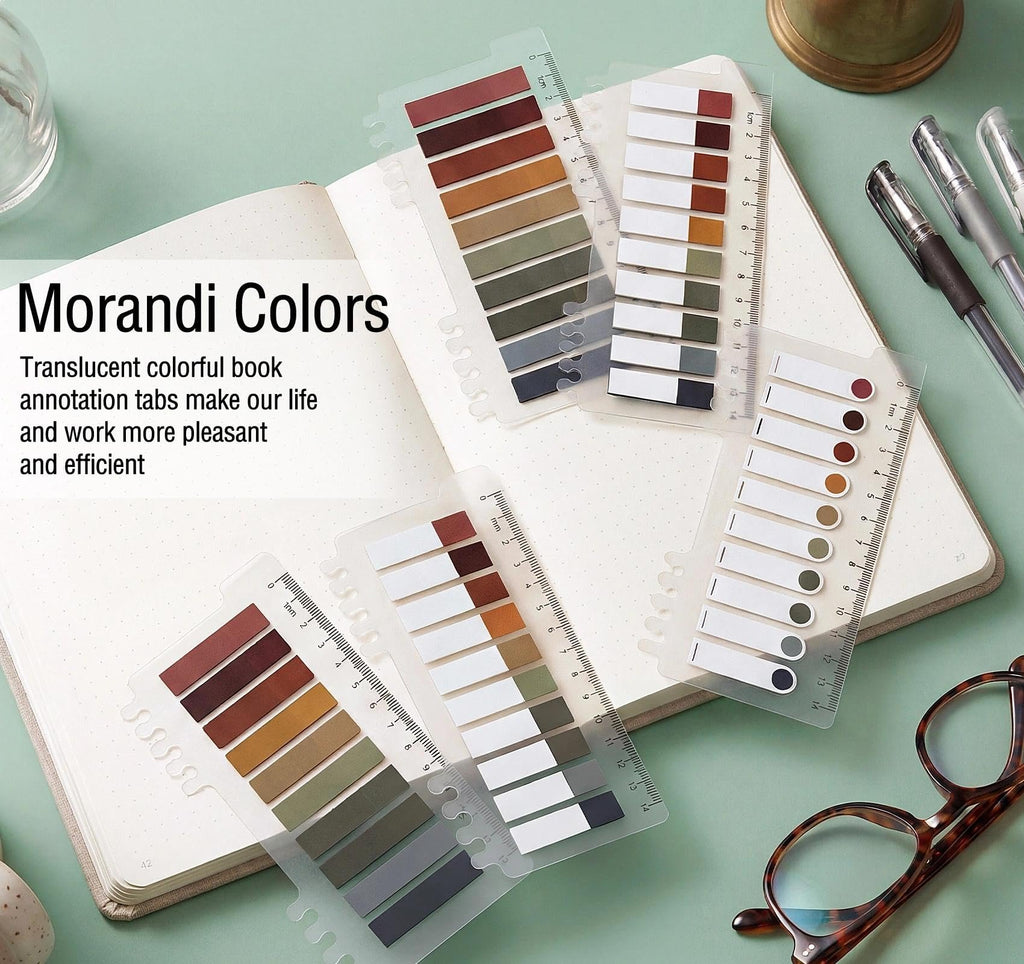 Morandi Colors translucent annotation tabs laid out on an open notebook with rulers and pens.