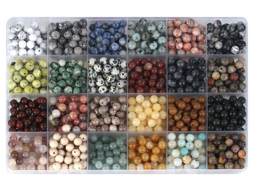 Assortment of 1200 multicolor natural round stone beads in a clear compartmentalized case, top view.