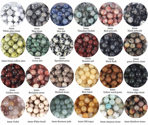 Collage of 24 circular images showcasing various 6mm natural stone beads in different colors and patterns for jewelry making.