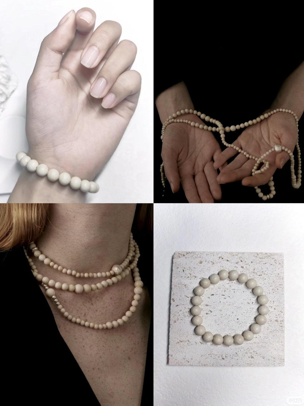 Four images showing natural round stone beads used in jewelry: bracelet on wrist, necklace on neck, beads in hands, and beads arranged in a circle on a textured surface.