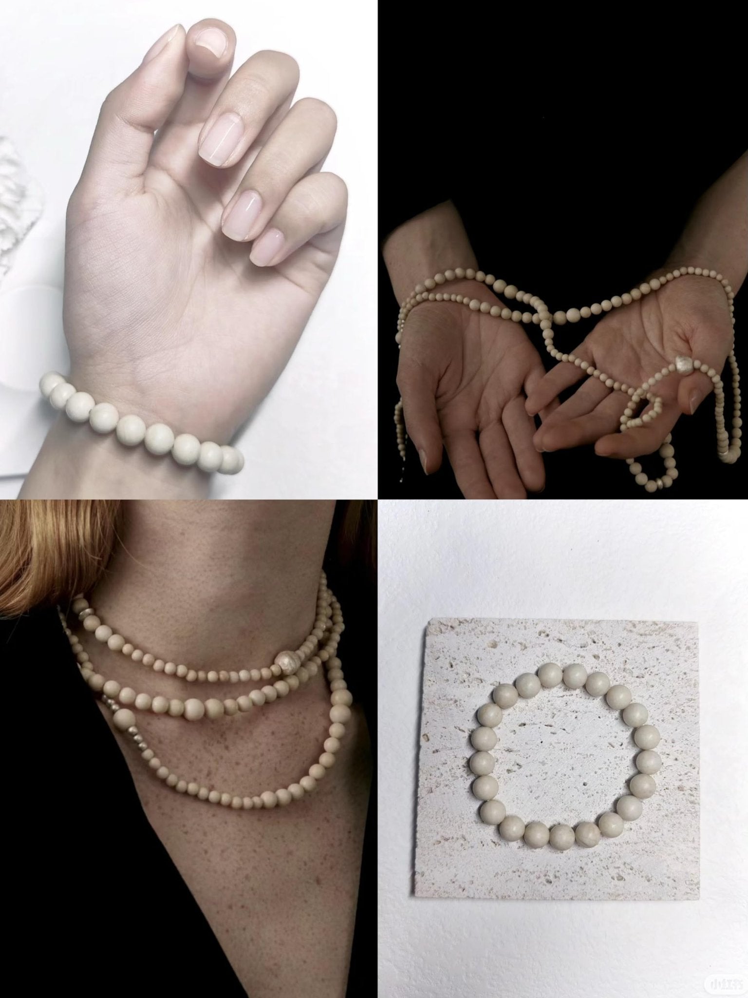 Four images showing natural round stone beads used in jewelry: bracelet on wrist, necklace on neck, beads in hands, and beads arranged in a circle on a textured surface.