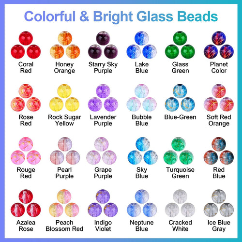 Assortment of colorful glass beads in various shades and styles, displayed in groups with color names.