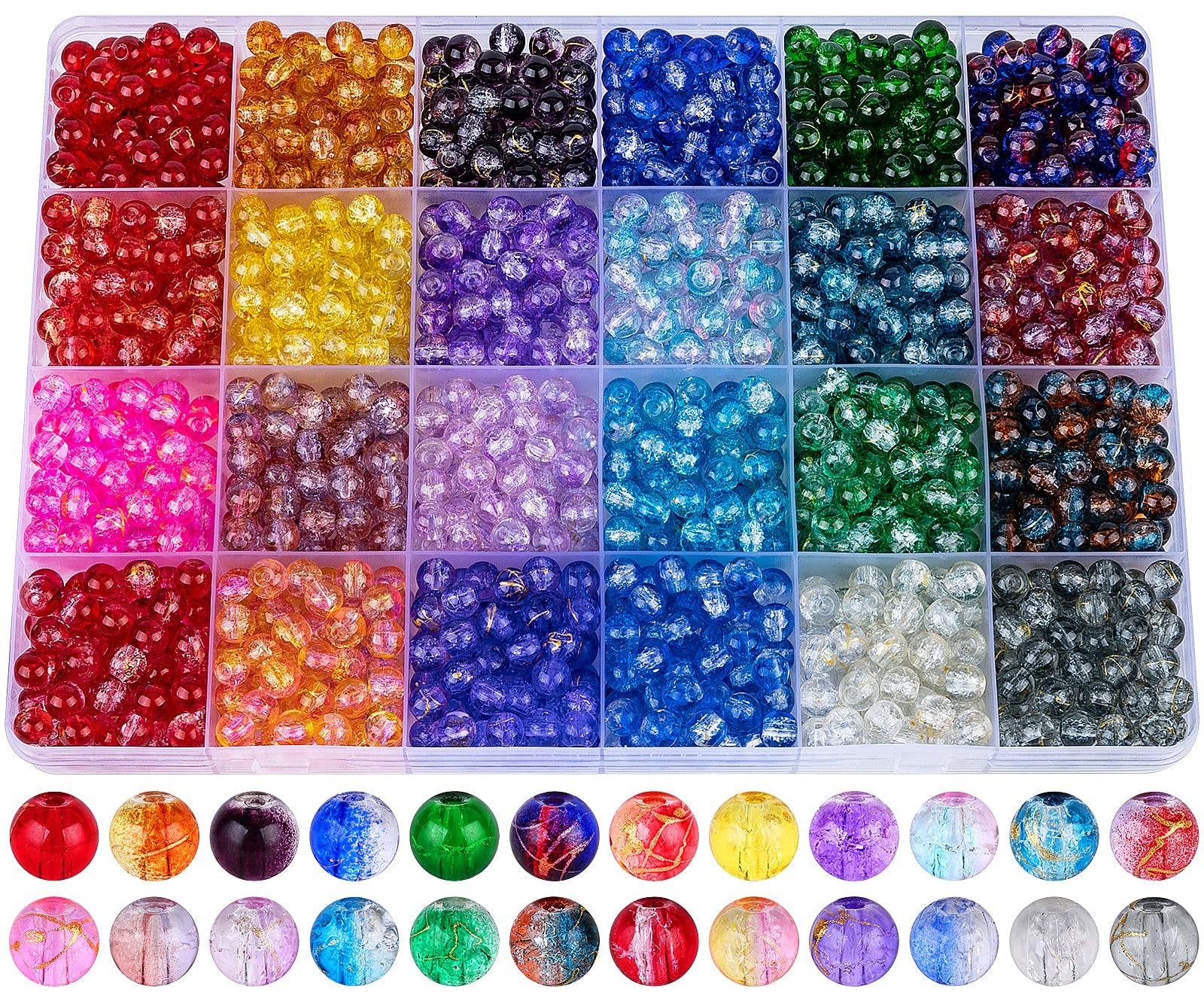 Assorted 6mm glass beads in 24 colors, displayed in a compartmentalized tray with individual beads shown below.