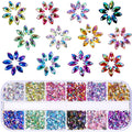 Set of 1200 horse eye nail rhinestones in 12 rainbow colors, displayed in a clear storage box with 24 compartments.