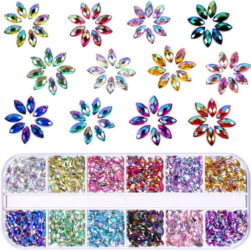 Set of 1200 horse eye nail rhinestones in 12 rainbow colors, displayed in a clear storage box with 24 compartments.