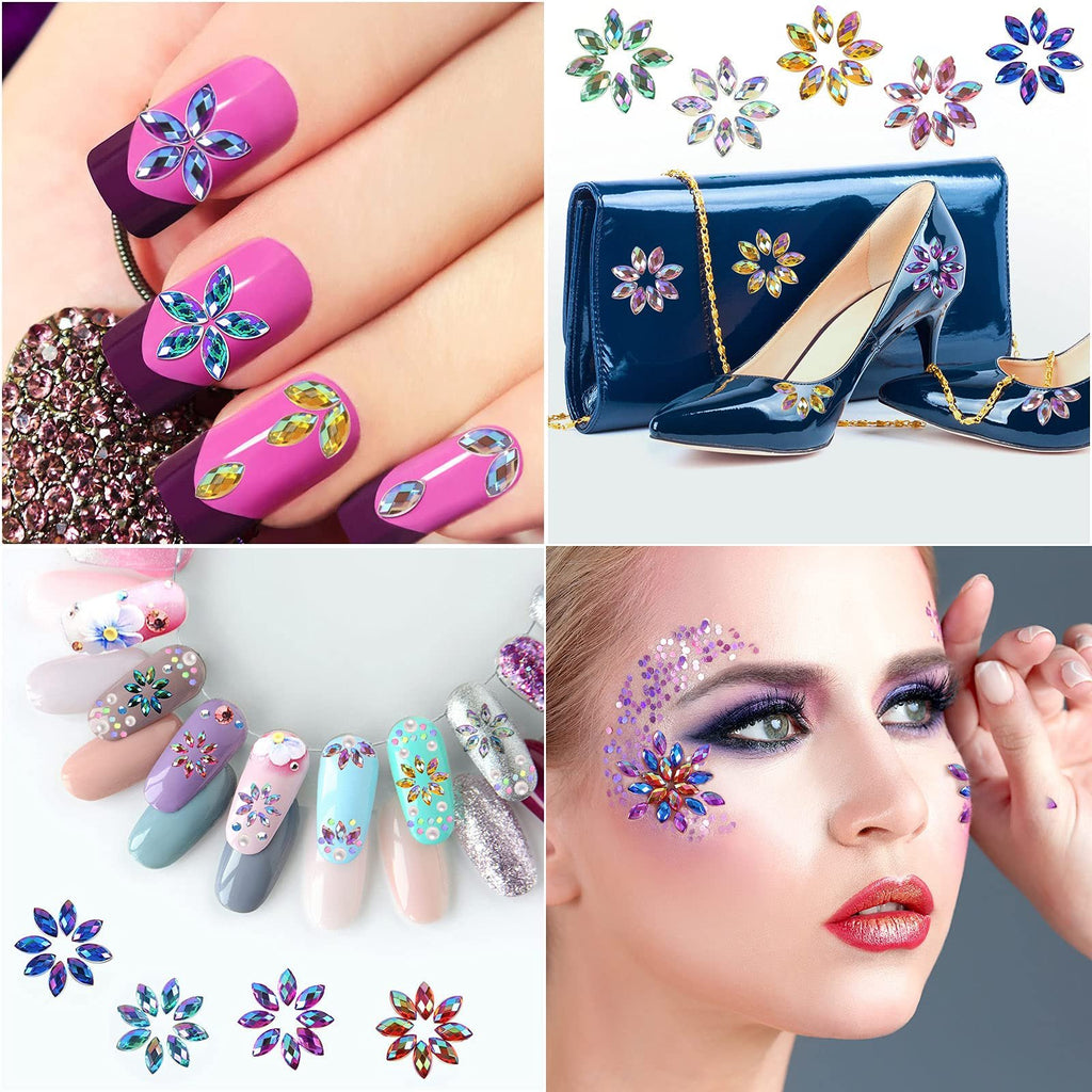 Collage of nail art and makeup using colorful acrylic gems. Includes close-ups of decorated nails, a clutch and shoe, nail swatches, and a model with face gems.