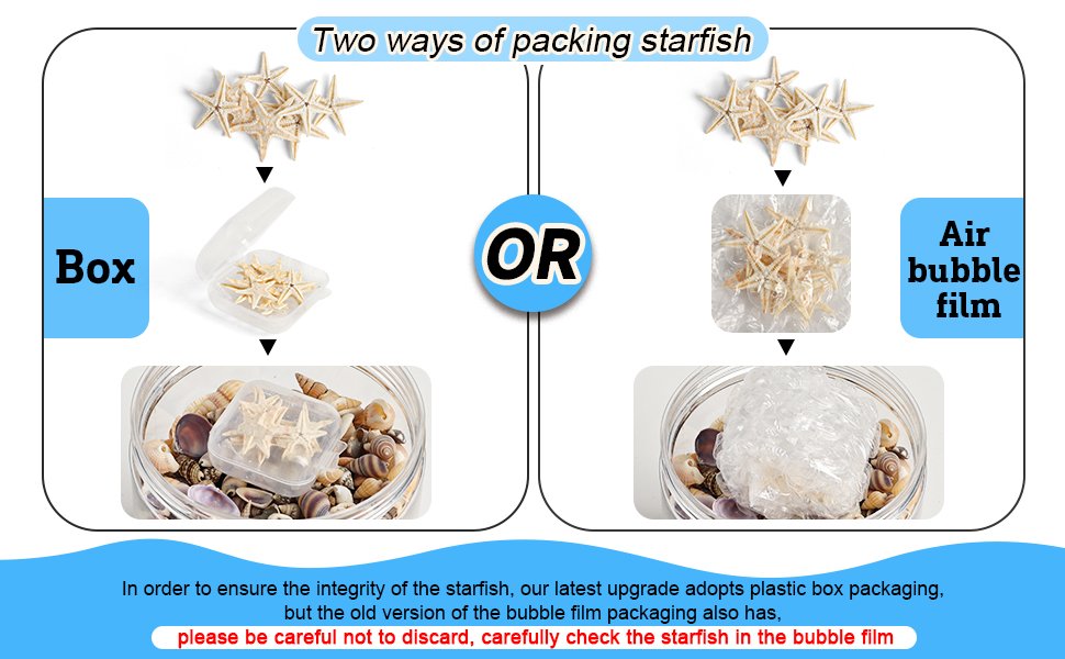 Two methods of packing starfish: box packaging and air bubble film packaging, showing contents.