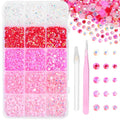 Pink and clear resin jelly rhinestones in a divided container with a pink tweezer and white pickup tool.