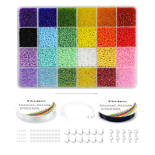 Glass seed bead kit with 24 colors, elastic string, jump rings, and lobster clasps for jewelry making.