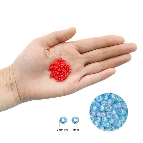 Hand holding red seed beads with close-up views of blue seed beads and size indicators