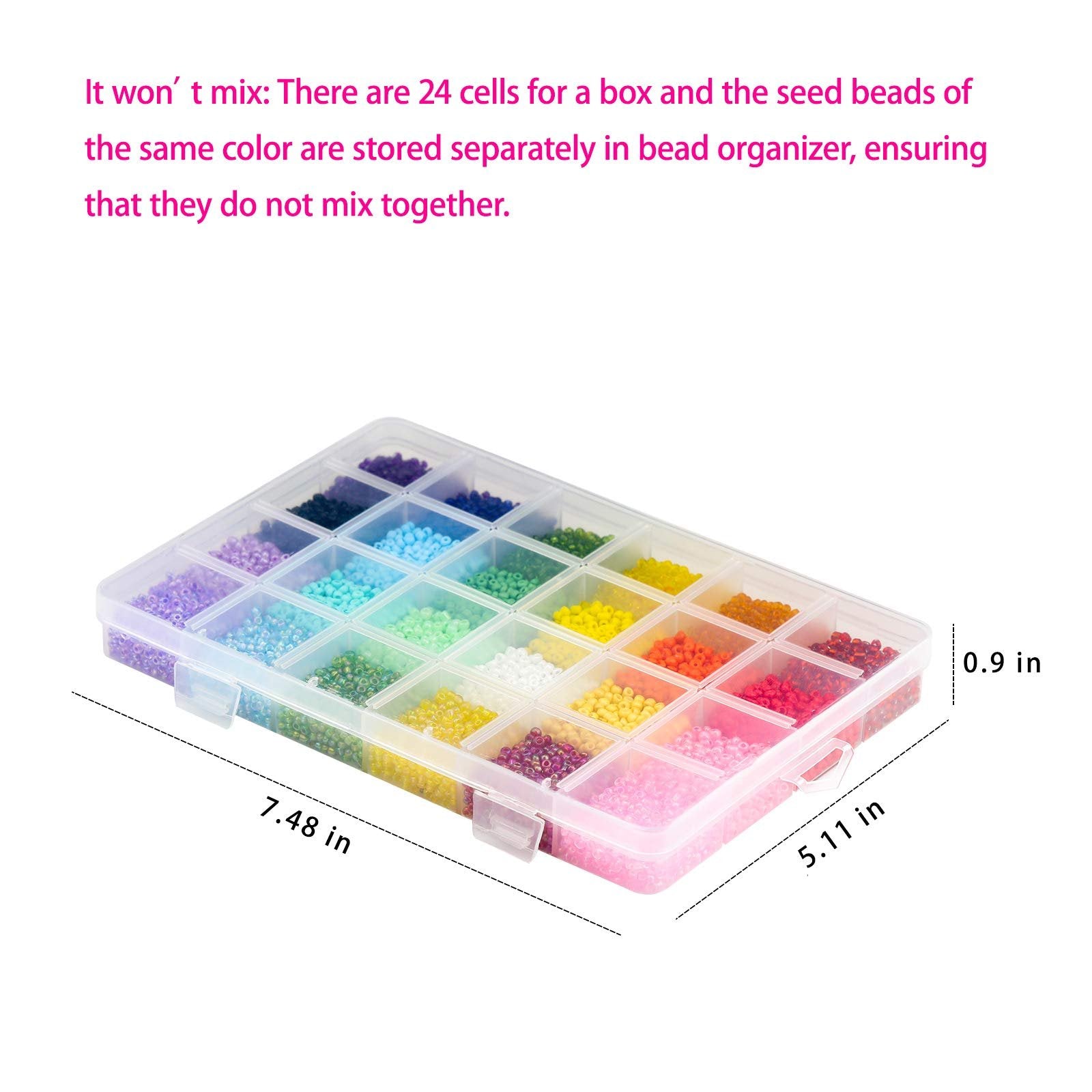 Clear plastic organizer box filled with 24 compartments of colorful glass seed beads, showing dimensions.