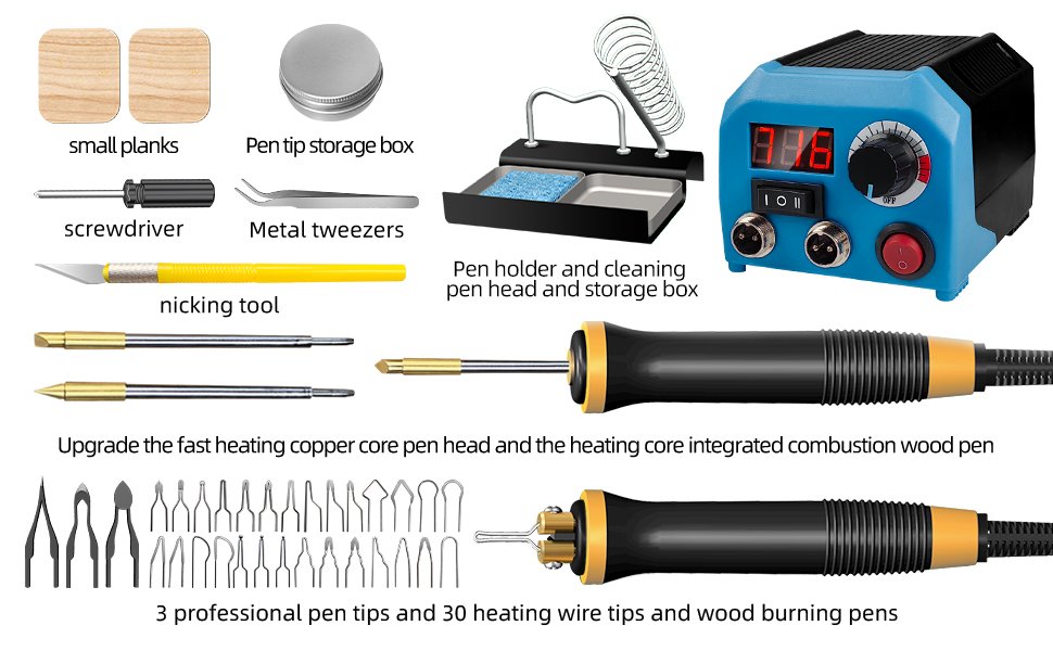 Wood burning kit components including two small planks, pen tip storage box, screwdriver, metal tweezers, nicking tool, pen holder with cleaning sponge, and two wood burning pens with multiple tips.
