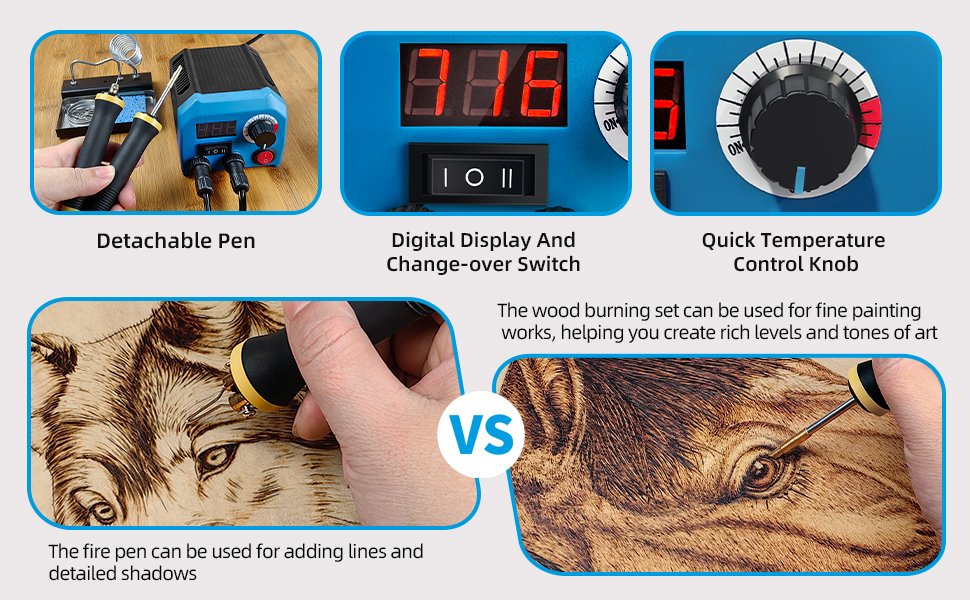 Wood burning kit components and examples of artwork created with it, showing pens, digital display, and temperature control.
