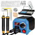Wood burning kit with two pens, 36 tips, soldering iron stand, and digital temperature control unit.