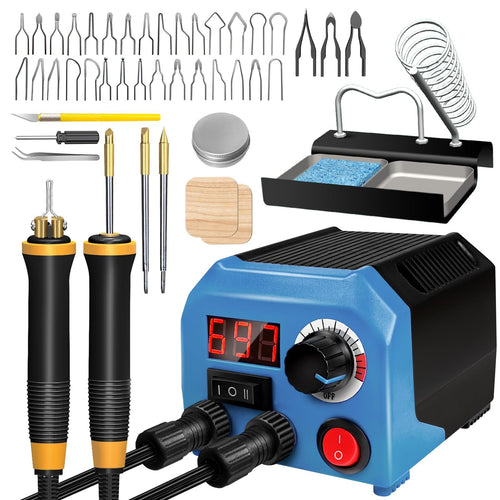 Wood burning kit with two pens, 36 tips, soldering iron stand, and digital temperature control unit.