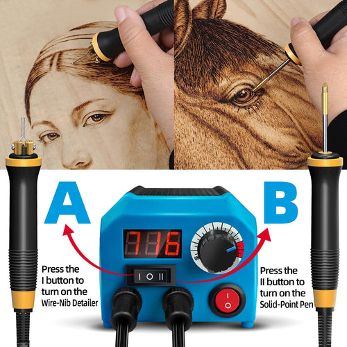 Wood burning tool with two pens and a digital control unit, demonstrating pyrography art on wood.