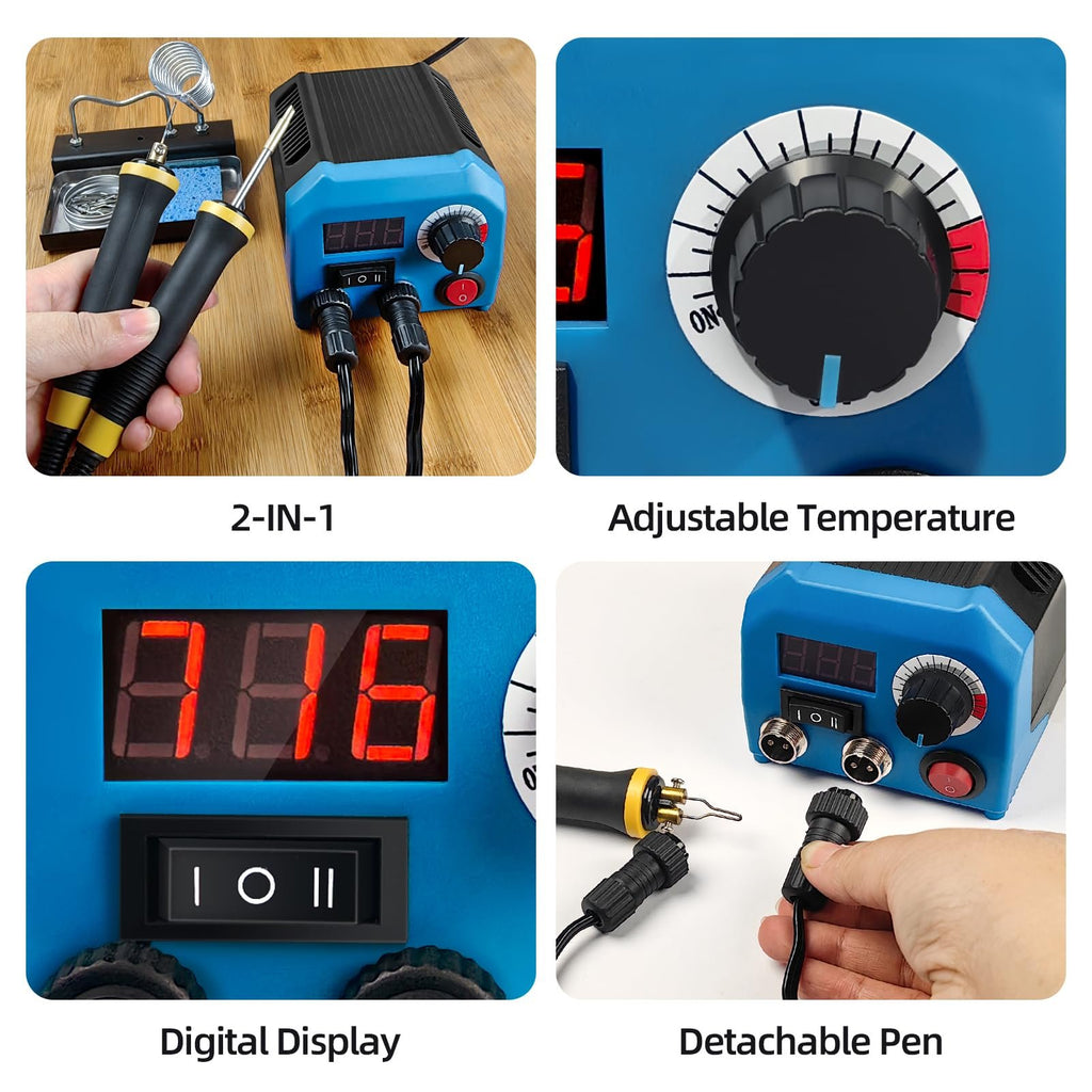 Wood burning kit with two pens, digital display, and adjustable temperature dial.