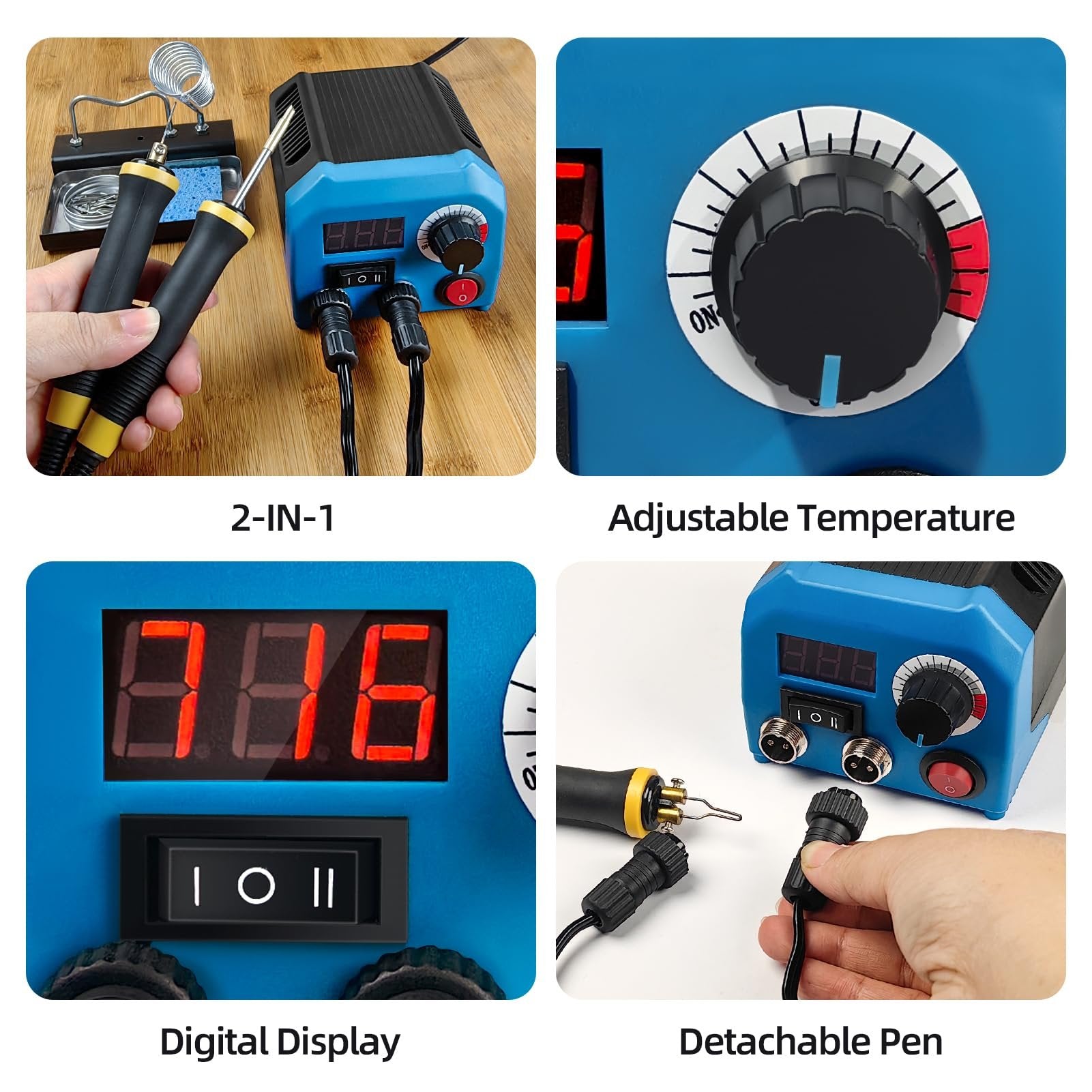 Wood burning kit with two pens, digital display, and adjustable temperature dial.