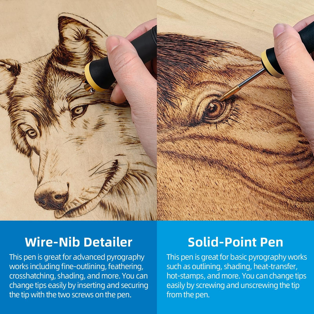 Split image showing wood burning art of a wolf's face being created with two different pyrography pens.