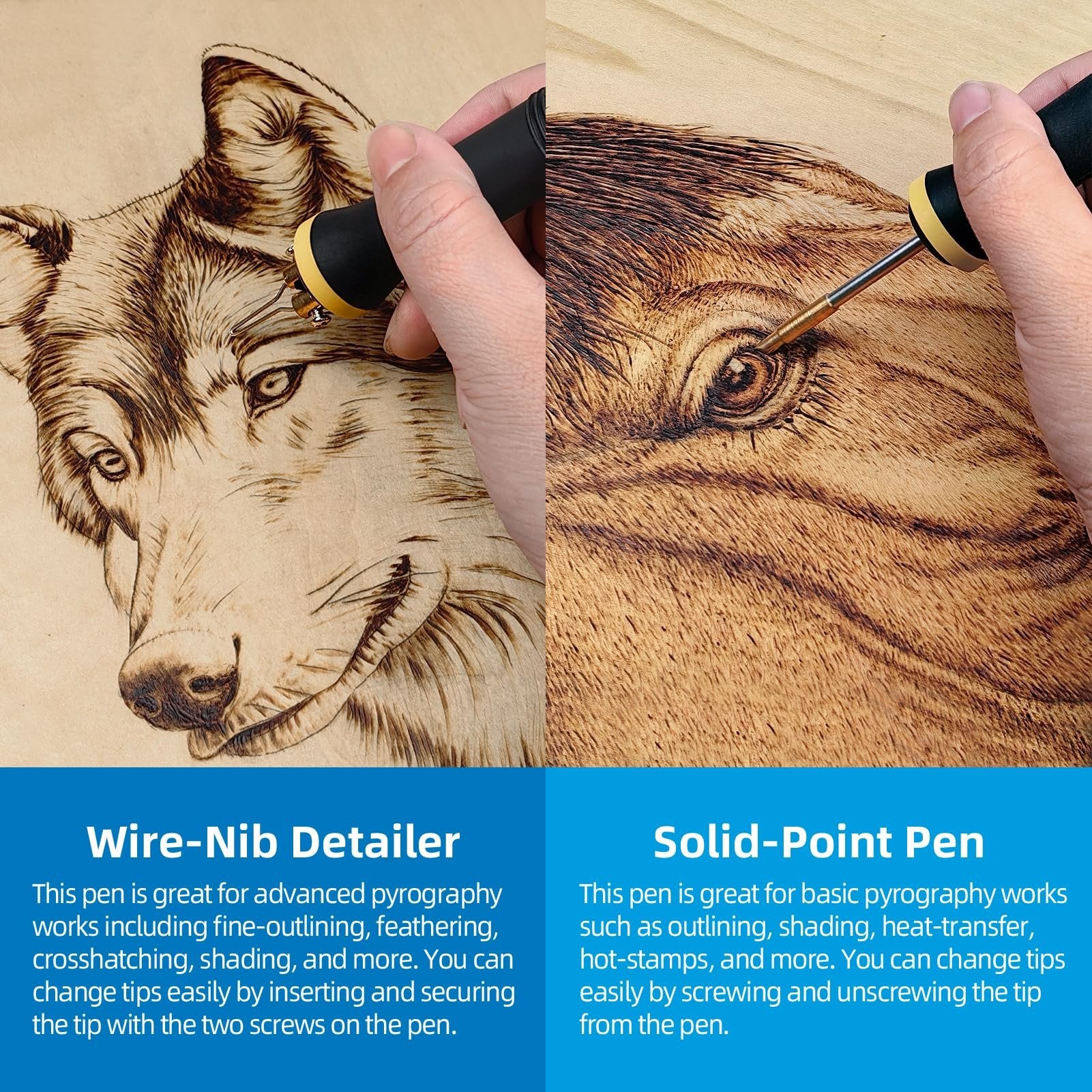 Split image showing wood burning art of a wolf's face being created with two different pyrography pens.