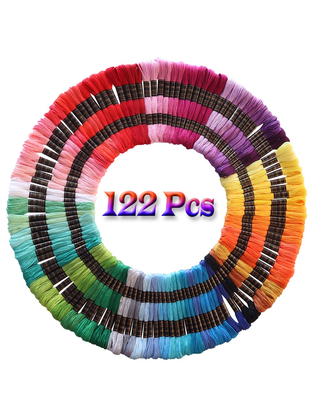 Circular arrangement of 122 skeins of embroidery floss in various colors, each wound on a spool with a black label.