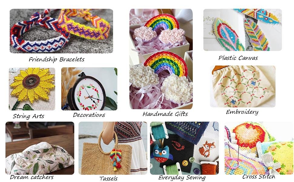 Collage of crafts including friendship bracelets, plastic canvas art, string art sunflower, decorated clock, handmade gifts, embroidery, dream catchers, tassels, everyday sewing projects, and cross stitch.