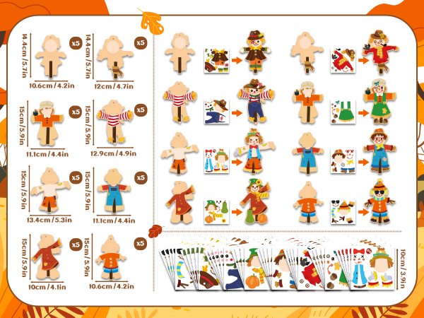 Fall scarecrow craft kit showing wooden scarecrow body parts, stickers, ribbons, and instruction cards.