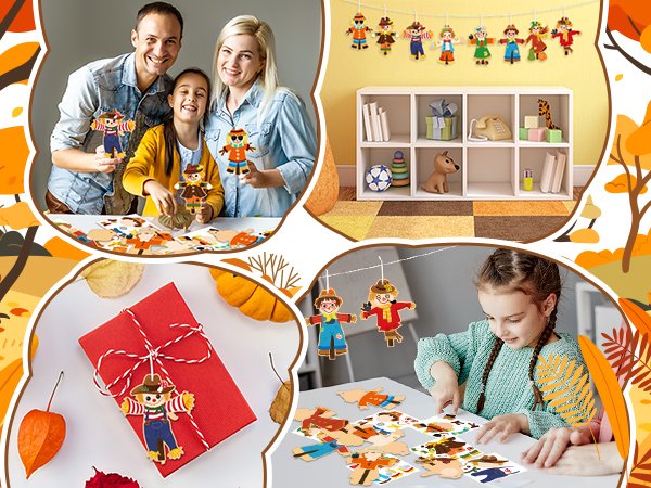 Family and child crafting scarecrows with a kit, and a girl assembling scarecrows at a table.