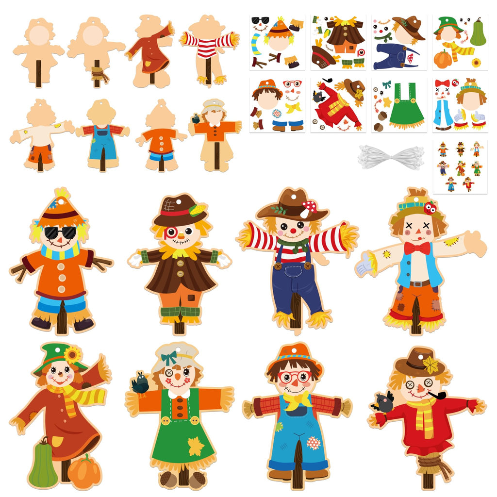 Fall scarecrow craft kit components including wooden scarecrow shapes, clothing cutouts, stickers, and ribbons.