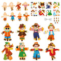 Fall scarecrow craft kit components including wooden scarecrow shapes, clothing cutouts, stickers, and ribbons.