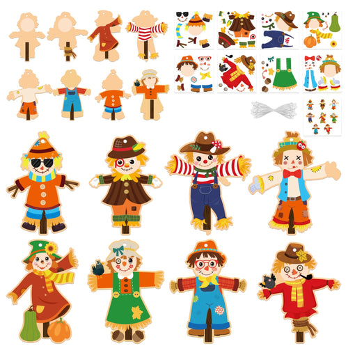 Fall scarecrow craft kit components including wooden scarecrow shapes, clothing cutouts, stickers, and ribbons.