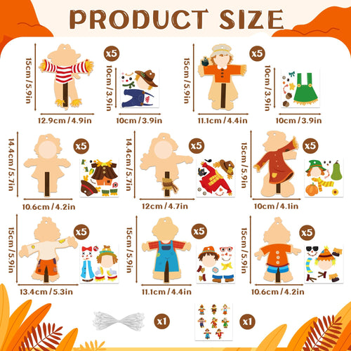 Fall scarecrow craft kit components and dimensions shown, including wooden scarecrow shapes, sticker sheets, and ribbons.