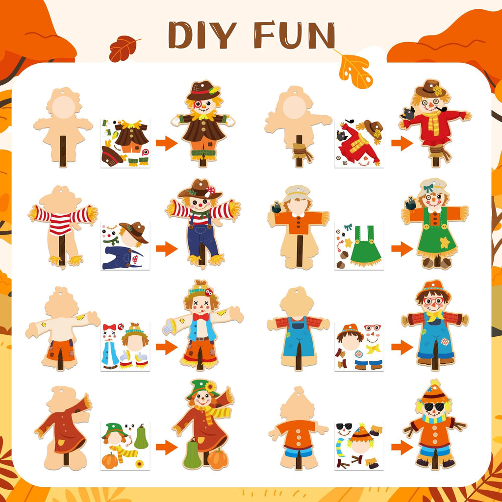 Scarecrow craft kit showing blank scarecrow shapes, sticker sheets, and finished scarecrow examples. DIY FUN text at top.