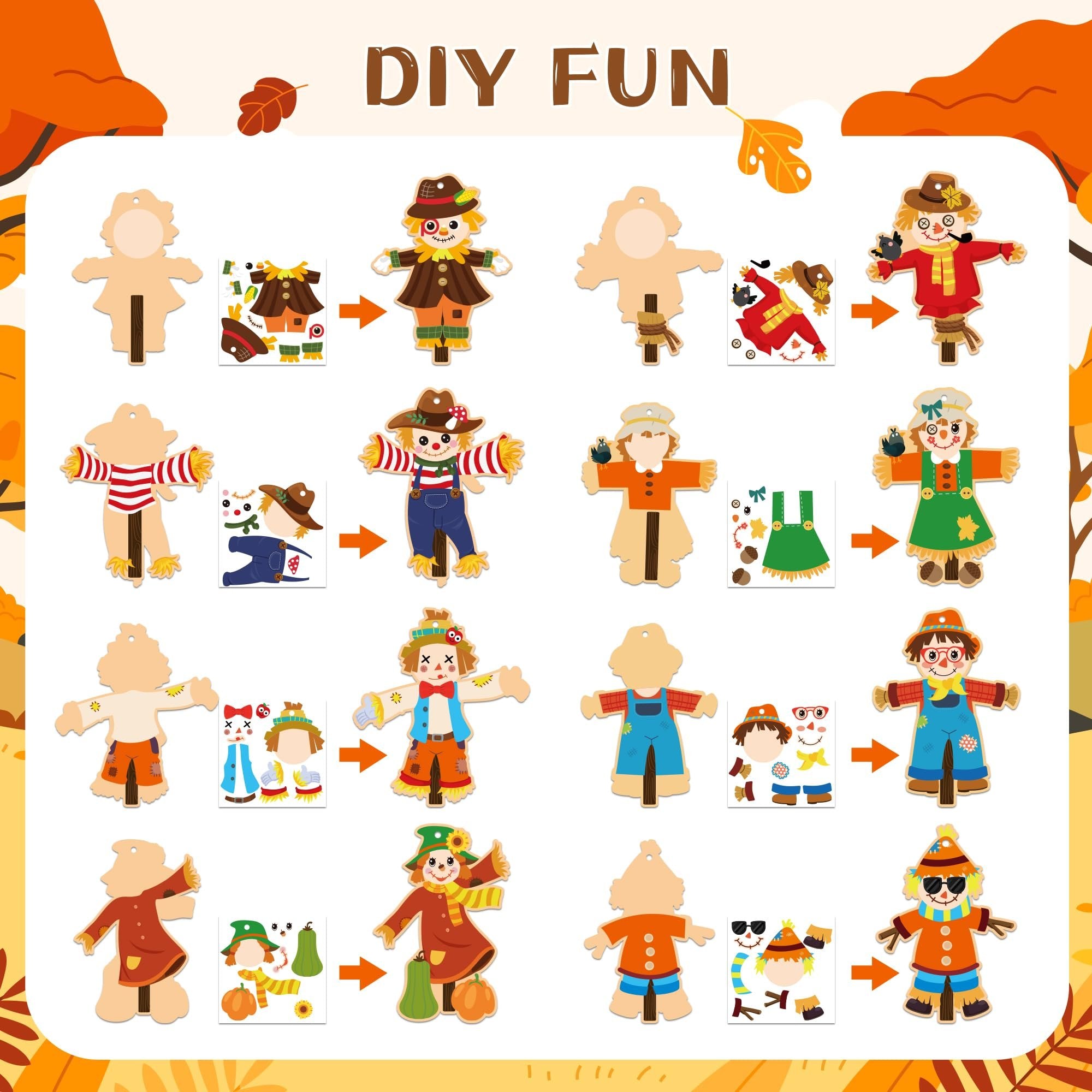 Scarecrow craft kit showing blank scarecrow shapes, sticker sheets, and finished scarecrow examples. DIY FUN text at top.