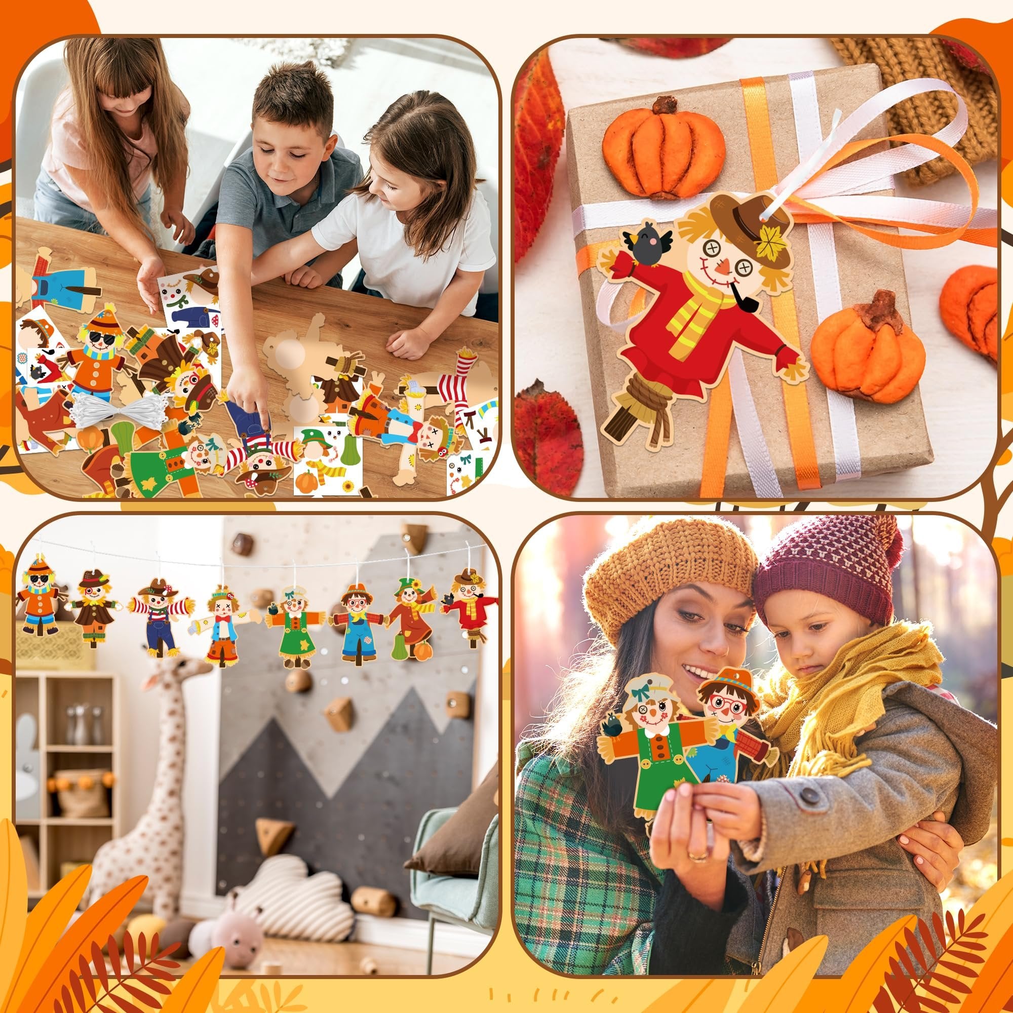 Collage of four images showing a fall scarecrow craft kit: children assembling crafts, scarecrow decorations on a gift box, scarecrow garland, and a woman and child holding scarecrow crafts.