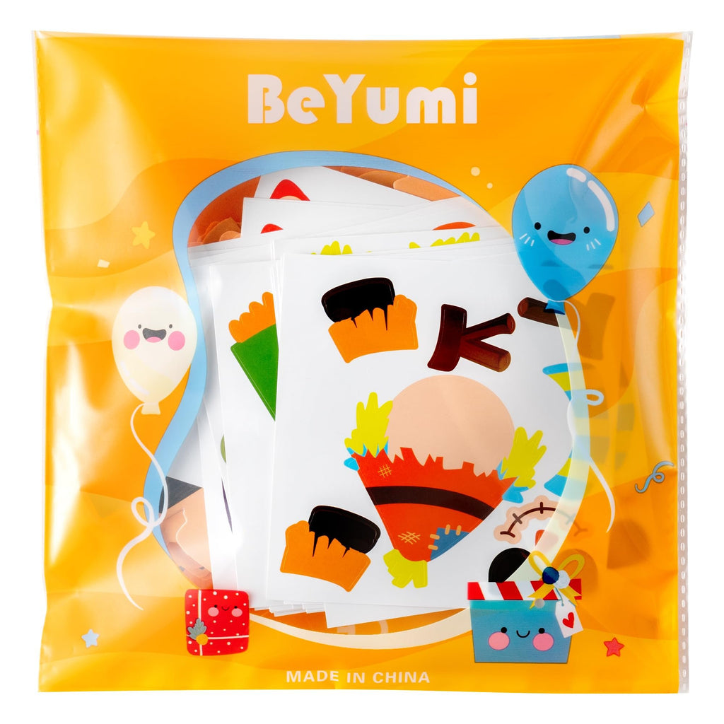 Craft kit packaging with colorful stickers and balloons, showing parts of scarecrow designs.