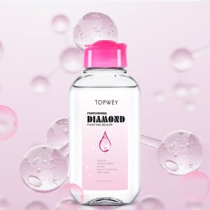 Bottle of clear diamond painting sealer with pink applicator cap, surrounded by pink bubbles and molecular graphics.