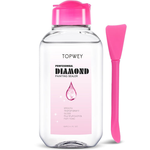 Clear diamond painting sealer bottle with pink applicator and label showing a pink drop.