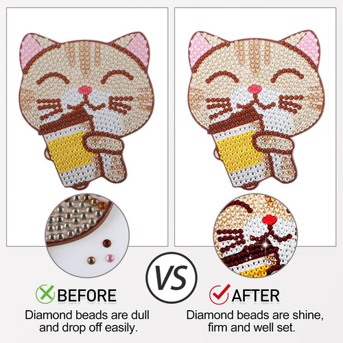 Diamond painting cat with coffee cup comparison: before (dull beads) and after (shiny, firm beads).