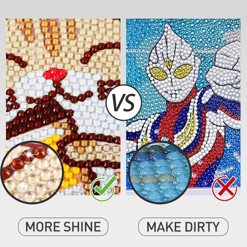 Diamond painting comparison showing a cat design with more shine and a character design that appears dirty, with close-ups and check/cross marks.