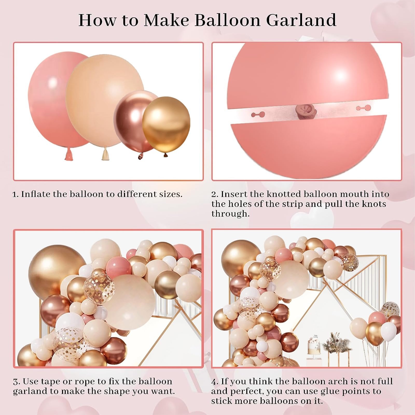 Instructions for making a balloon garland with four steps shown in panels, featuring blush, rose, and gold balloons.