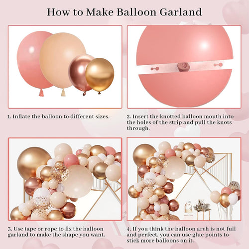 Instructions for making a balloon garland with four steps shown in panels, featuring blush, rose, and gold balloons.