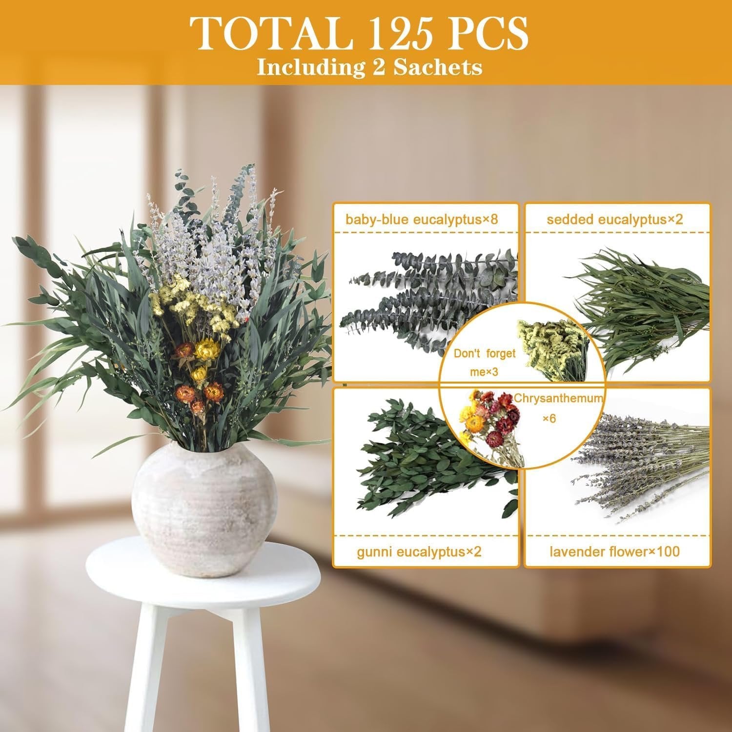Dried eucalyptus and lavender bouquet in a vase, with inset images showing bouquet components and quantities.