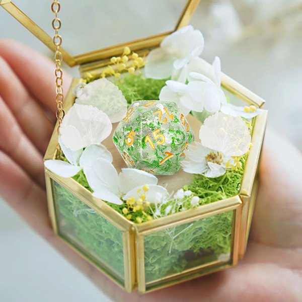 Glass terrarium box with green moss, white flowers, and a green speckled D20 die inside, held by a hand.