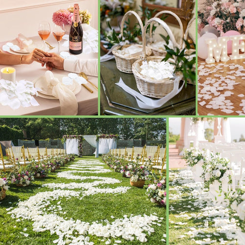 Collage of wedding scenes with white flower petals scattered on tables, in baskets, and on ceremony aisles.