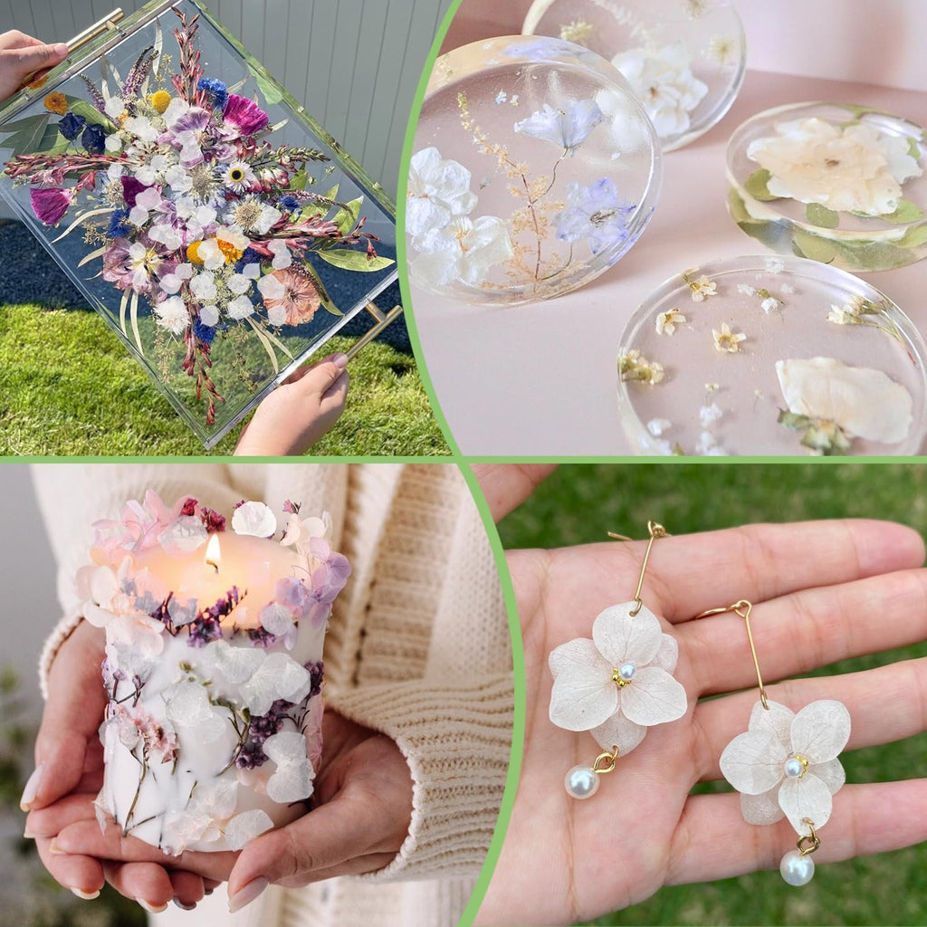 Collage of dried flower crafts: framed bouquet, resin coasters, floral candle, and hydrangea earrings.