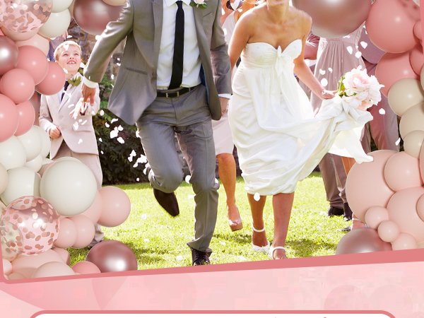 Wedding party running through confetti with a dusty pink balloon arch garland