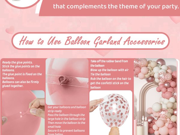 Instructions for using balloon garland accessories with pink and white balloons.